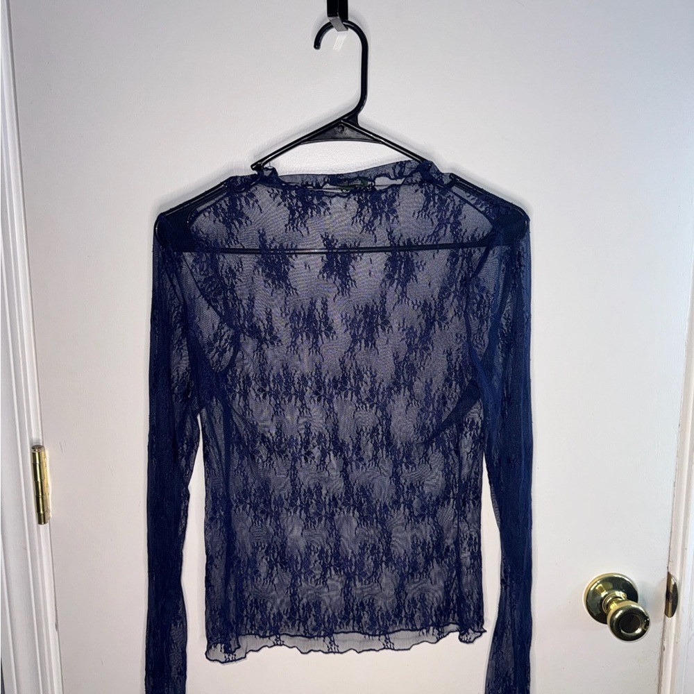 Wild Fable Sheer Navy Floral Lace Long-Sleeve Top